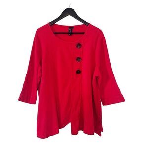 Focus Casual Life Red Cotton Crinkle Gauze 3/4 Sleeve Asymmetrical Hem Tunic